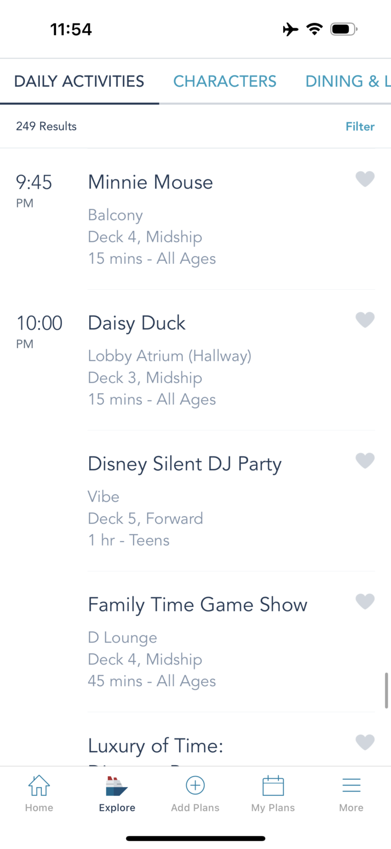 Examples of daily activities on Disney Cruise Line