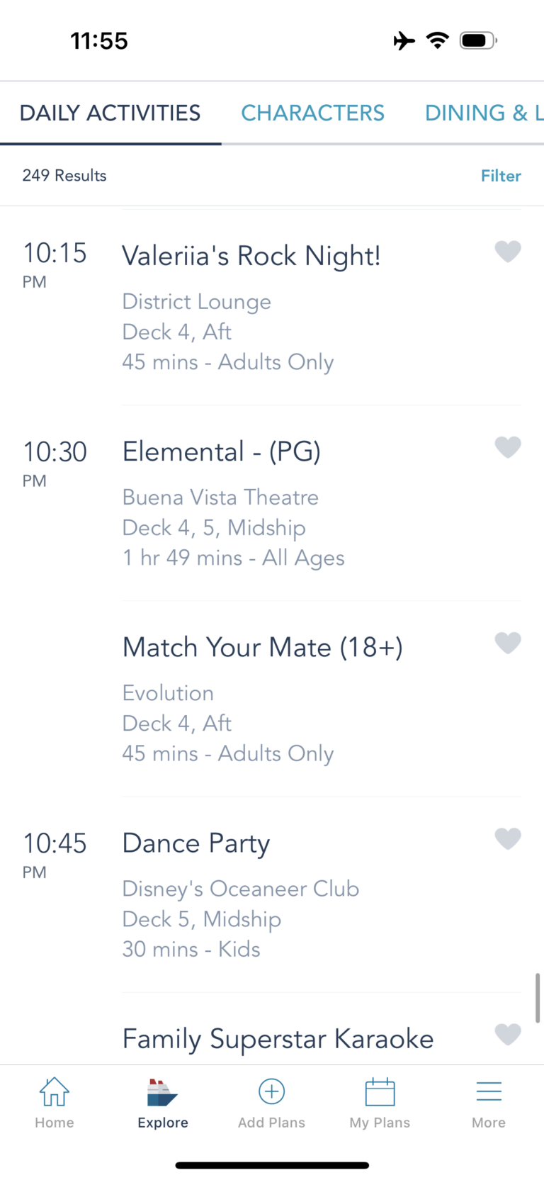 Examples of daily activities on Disney Cruise Line