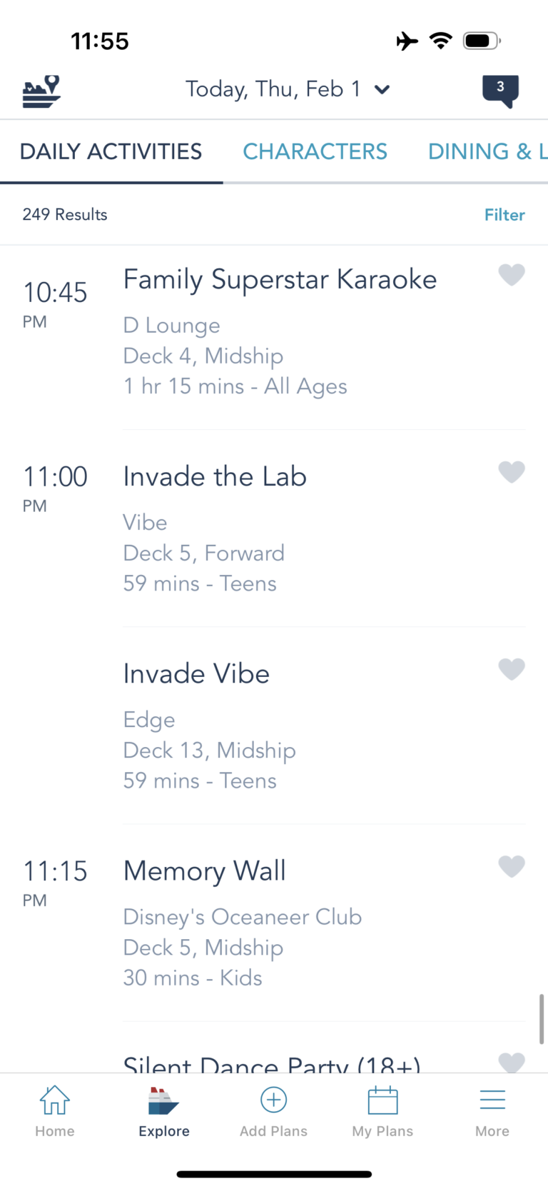 Examples of daily activities on Disney Cruise Line