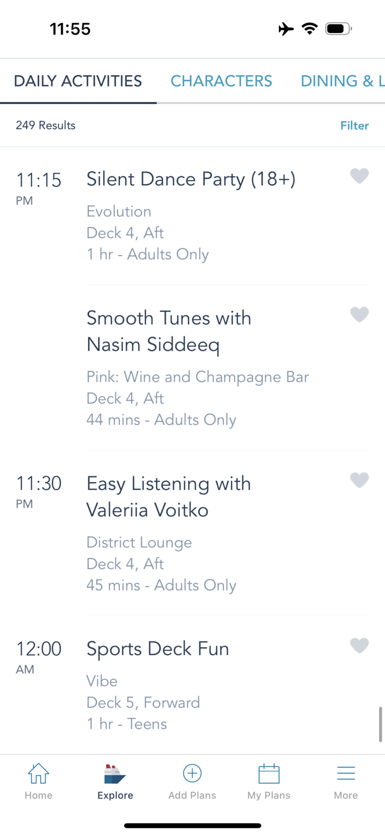 Examples of daily activities on Disney Cruise Line