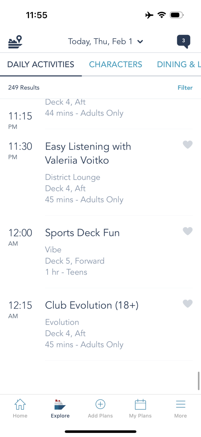 Examples of daily activities on Disney Cruise Line