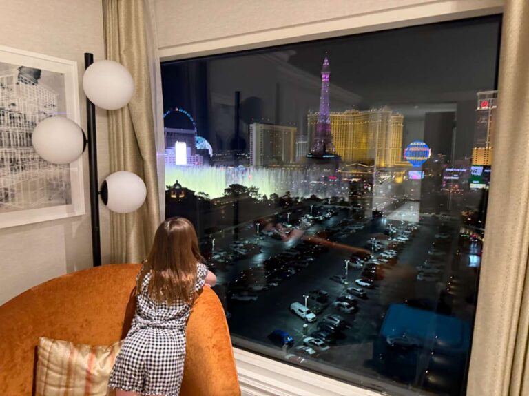 Watching the fountain show from a room at the Bellagio