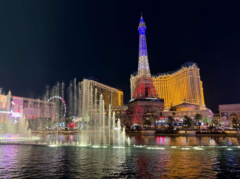 Bellagio fountain with Paris in the background